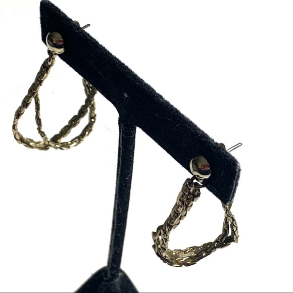 Double Twisted Herringbone Chain Hoop Front Back Earrings Gold Tone Pierced Ears - Picture 3 of 6